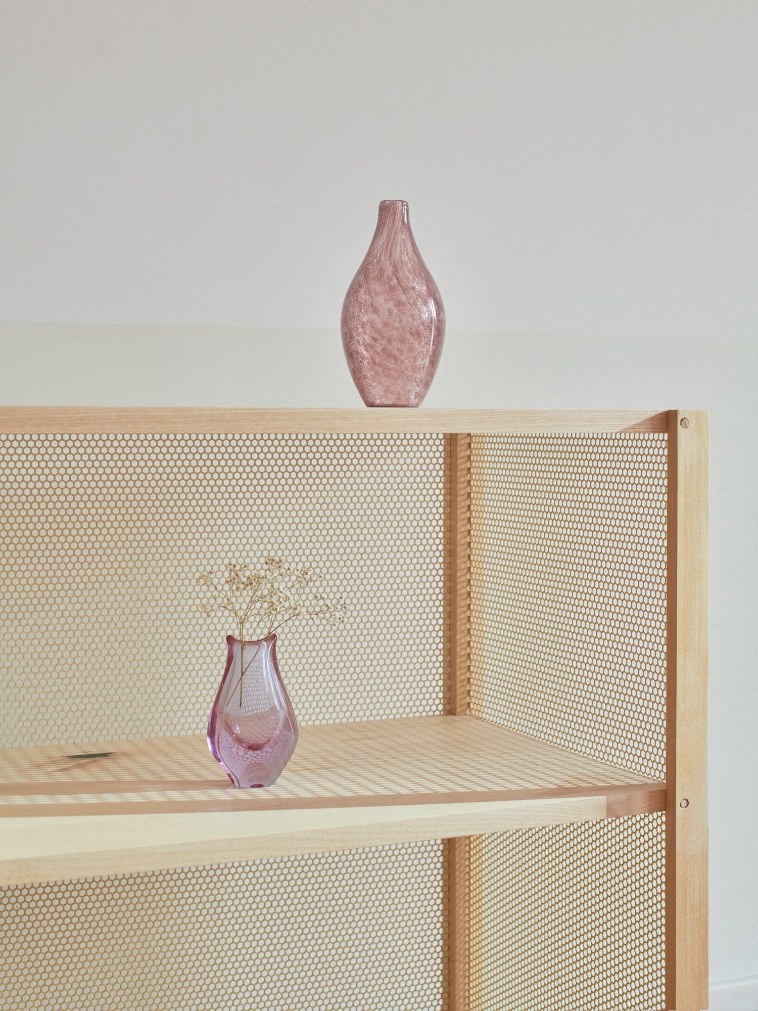 Honey Shelf with pink glass vases